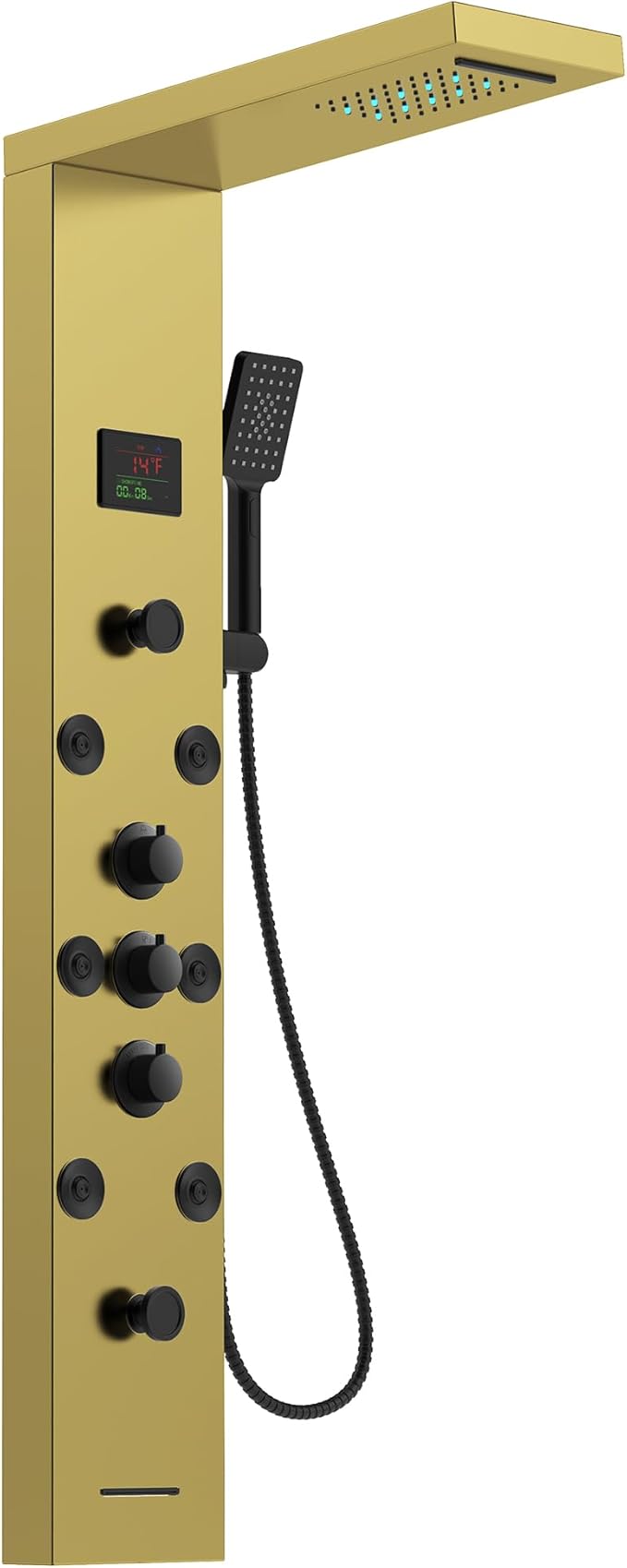 Homevacious Polished Gold 5 In 1 Shower Panel Tower System LED Rain Waterfall Shower Head and Adjustable Massage Body Jets 3 Settings Handheld Head and Tub Spout Stainless Steel Bathroom Panel