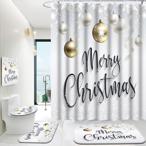 Onalasyc 4-Piece Christmas Shower Curtain Set,Golden Silver Xmas Ball Snowflake Holiday Waterproof Fabric Bathroom Shower Curtain Sets with Rugs,Cortina de baño de Navidad,with 12 Pcs Hooks