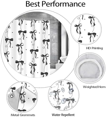 Black Bow Shower Curtain for Bathroom, Teen Girls Theme, 72x72 Inches