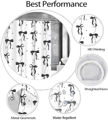 Black Bow Shower Curtain for Bathroom, Teen Girls Theme, 72x72 Inches
