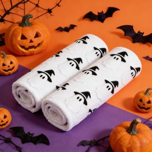 2 Pack Halloween Hand Towels 100% Cotton Jacquard Ghost Halloween Kitchen Towels White Bathroom Towels Set Seasonal Bathroom Decor (Cute Ghost, Halloween)
