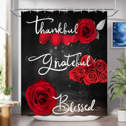 Onalasyc 4Pcs Red Rose Floral Shower Curtain with Rugs Set