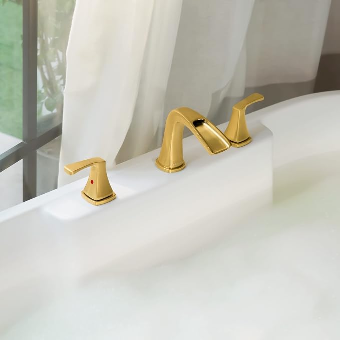 Waterfall 2 Handle Widespread Roman Tub Faucet Brushed Gold | 3 Hole Deck Mount Bathtub Filler with Valve & Supply Lines