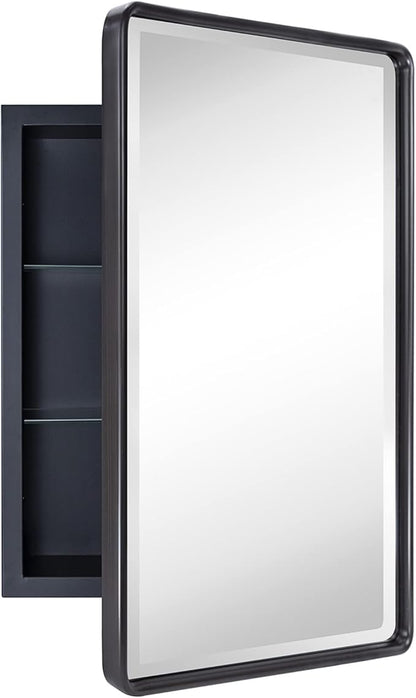TEHOME Farmhouse Oil Rubbed Bronze Recessed Bathroom Medicine Cabinet with Mirror Rounded Rectangle Metal Framed Medicine Cabinet with Beveled Mirror 16x24''