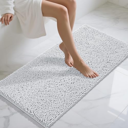 Yimobra Long Bathroom Rugs 47"x24", Extra Soft Non Slip Bath Mat for Tub, Super Absorbent Quick Dry Shaggy Rug Floor Carpet, Machine Washable,Silver