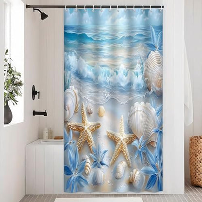 Beach Seashell Shower Curtain, Ocean Waves Starfish Design, Blue Floral Pattern, Summer Coastal Bathroom Decor