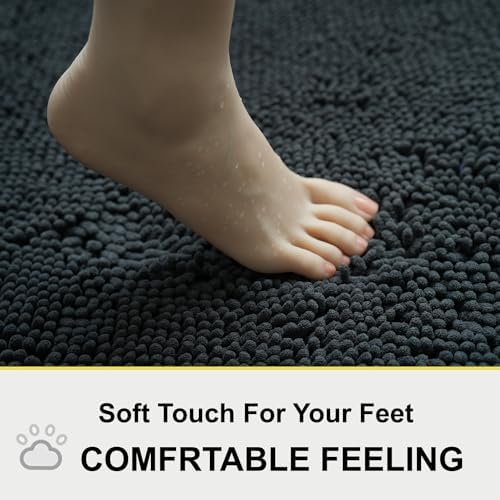 BOANKODU Bathroom Rugs Sets 2 Piece, Absorbent Bath Mat for Bathroom Very Soft Chenille Non-Slip, 32x20 Inch + 20x20 Inch U Shape Bathroom Mat, Machine Washable Bath Rugs (Black)