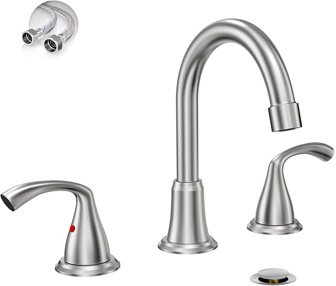 Phiestina 8 Inch Brushed Nickel Widespread Bathroom Sink Faucet, 2 Handle 3 Hole Bathroom Faucet with Metal Pop up Drain and Water Supply Lines, WFJC180-BN