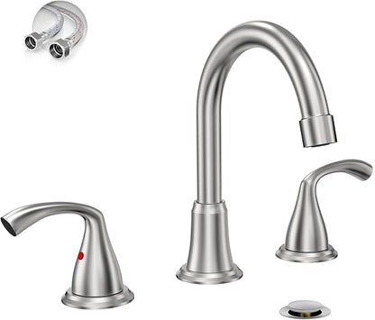Phiestina 8 Inch Brushed Nickel Widespread Bathroom Sink Faucet, 2 Handle 3 Hole Bathroom Faucet with Metal Pop up Drain and Water Supply Lines, WFJC180-BN