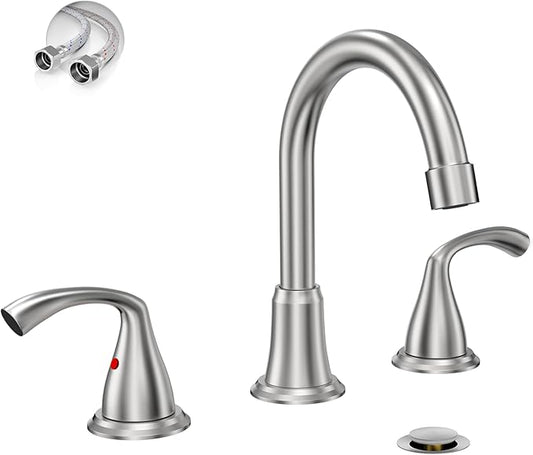 Phiestina 8 Inch Brushed Nickel Widespread Bathroom Sink Faucet, 2 Handle 3 Hole Bathroom Faucet with Metal Pop up Drain and Water Supply Lines, WFJC180-BN
