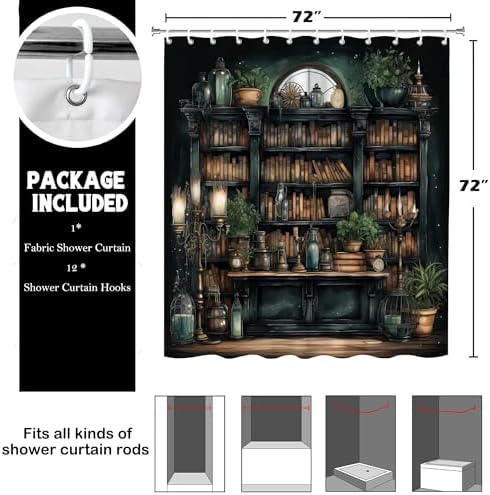 Gothic Witchy Dark Academia Bookshelf Shower Curtain 72x72 Inches