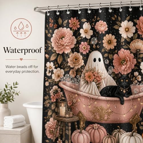 Halloween Shower Curtain, Black Cat Ghost Floral Bathroom Curtain, Autumn Pumpkin Decor Waterproof Polyester Fabric Shower Curtain with Hooks, 72x72 Inch