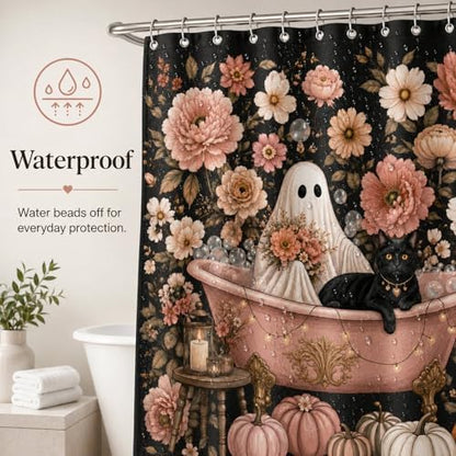 Halloween Shower Curtain, Black Cat Ghost Floral Bathroom Curtain, Autumn Pumpkin Decor Waterproof Polyester Fabric Shower Curtain with Hooks, 72x72 Inch