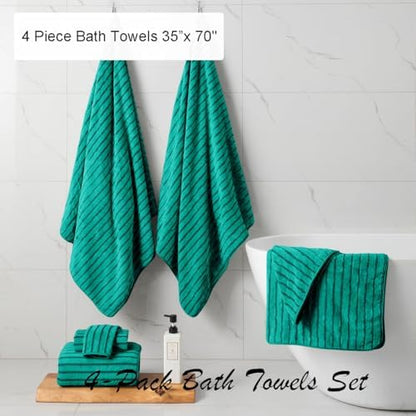 4 Pcs Teal Cabana Stripe Large Bath Sheets Soft Microfiber Bathroom Towels