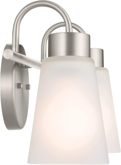 Kichler Erma 2-Light Bathroom Vanity Light Fixture with Clear Satin Etched Glass, Updated Traditional Wall Light in Brushed Nickel, (13.5" x 8.5")