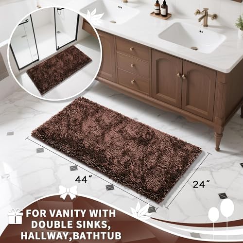 Yimobra Long Bathroom Rug Non Slip 44x24 Inch, Extra Thick Soft Absorbent Chenille Bath Mat, Machine Washable Quick Dry Bath Rugs for Bathroom Floor, Tub and Shower, Home Decor Accessories, Brown