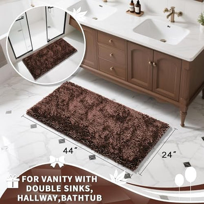 Yimobra Long Bathroom Rug Non Slip 44x24 Inch, Extra Thick Soft Absorbent Chenille Bath Mat, Machine Washable Quick Dry Bath Rugs for Bathroom Floor, Tub and Shower, Home Decor Accessories, Brown