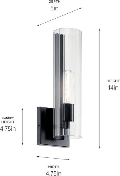 Kichler Jemsa 1 Light Wall Sconce, Modern Light with Clear Fluted Glass in Black for Bathroom, Powder Room, Sides of Fireplace, Down a Hallway, Kitchen, or Bedroom (14" x 4.75"), 55165BK
