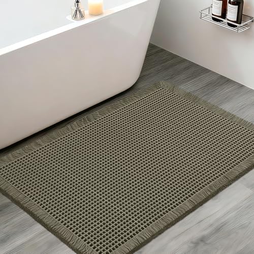 Upgraded Waffle Bath Mat, 32"x20" Greyish Green, Super Absorbent Non-Slip Quick Dry Bathroom Rugs with Tassels, Machine Washable Ultra Soft Boho Bath Rugs for Floor, Toilet Mats Boho Farmhouse Decor