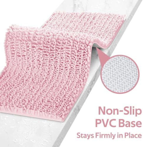 ACCUMTEK Upgrade Extra Large Pink Bathroom Rug Set 3 Pieces Ultra Soft, Thick Absorbent Bath Mats, Non Slip Chenille Toilet Mat for Bathroom, Bedroom, Kitchen