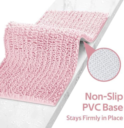 ACCUMTEK Upgrade Extra Large Pink Bathroom Rug Set 3 Pieces Ultra Soft, Thick Absorbent Bath Mats, Non Slip Chenille Toilet Mat for Bathroom, Bedroom, Kitchen