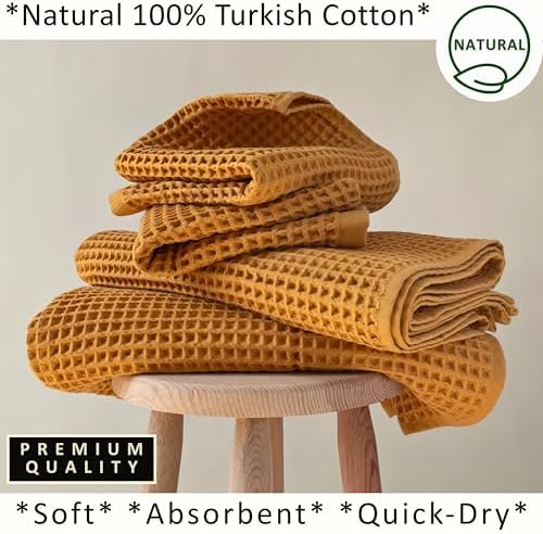 PÜSKÜL Natural 100% Turkish Cotton Waffle Towels Set of 4-Piece, Mustard Y.