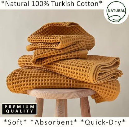PÜSKÜL Natural 100% Turkish Cotton Waffle Towels Set of 4-Piece, Mustard Y.