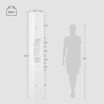 Bathroom Storage Cabinet, Narrow Tall Bathroom Cabinet, Freestanding Floor Cabinets with 2 Doors and 1 Drawer, Toilets Organizer with Adjustable Shelf, 1 Hook for Small Spaces, White