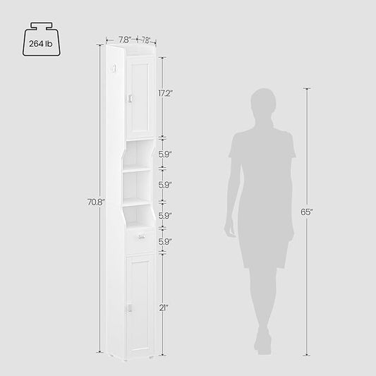 Bathroom Storage Cabinet, Narrow Tall Bathroom Cabinet, Freestanding Floor Cabinets with 2 Doors and 1 Drawer, Toilets Organizer with Adjustable Shelf, 1 Hook for Small Spaces, White