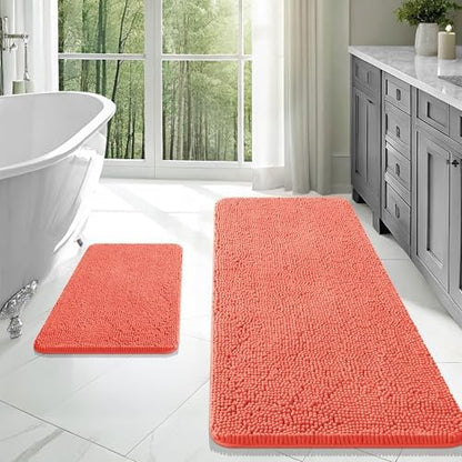OLANLY Chenille Bathroom Rugs Mats Sets 2 Piece, 47"x20"+24"x16", Coral