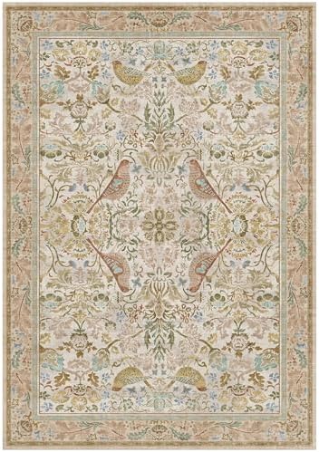 Hazo Haus Beige Washable 7x10 Kitchen Table Area Rug - Western Nature Rugs for Living Room, Bedroom, Playroom, Guest Room with Boho Neutral Botanical & Bird Pattern, Non Slip Stain Resistant Low Pile