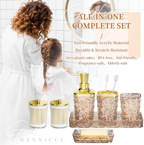 Bathroom Accessory Set, 7 Pcs Brown Bathroom Set, Acrylic Soap Dispenser and Toothbrush Holder Set, Qtip Holder Set, Bathroom Sink Set, Gift for Home Apartment