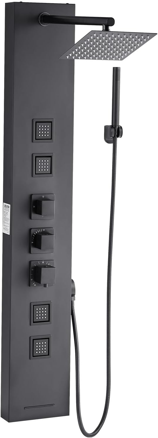 VEVOR Shower Panel Tower System with Rainfall Shower Head, 49 in Brushed Stainless Steel Shower Column, 4-Function Faucet, Wall-Mount Rain Massage System, with 4 Body Jets, Handheld, and Tub Spout