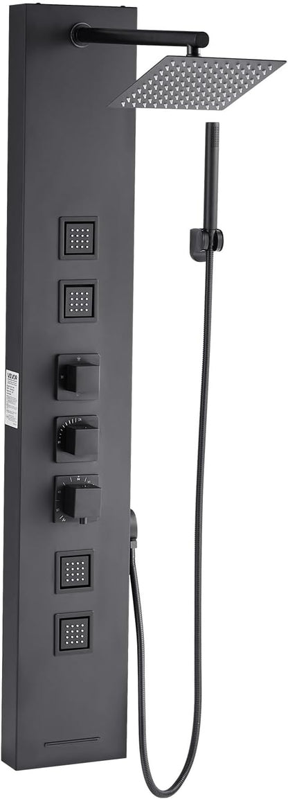 VEVOR Shower Panel Tower System with Rainfall Shower Head, 49 in Brushed Stainless Steel Shower Column, 4-Function Faucet, Wall-Mount Rain Massage System, with 4 Body Jets, Handheld, and Tub Spout
