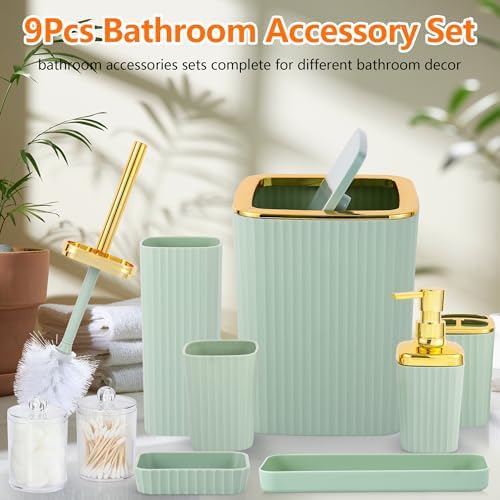 9 PCS Green Bathroom Accessories Set with Trash Can Bathroom Accessory