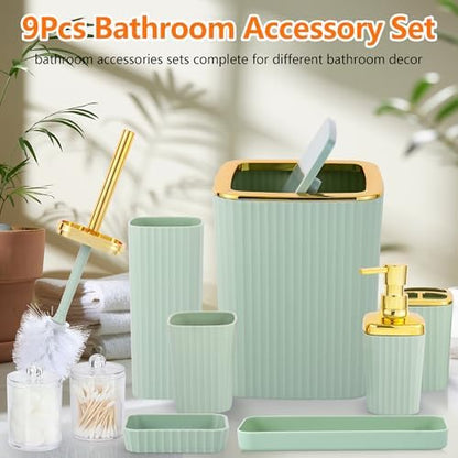 9 PCS Green Bathroom Accessories Set with Trash Can Bathroom Accessory