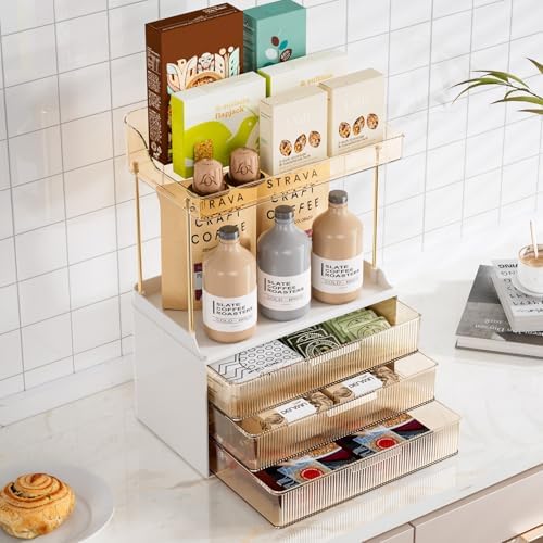 Delamu 5-Tier Makeup Organizer, Bathroom Counter Storage, 3 Drawers, Amber