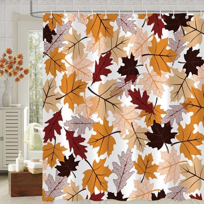 Fall Maple Leaf Shower Curtain, Autumn Thanksgiving Bathroom Decor, 72 x 72 Inch Polyester Fabric Waterproof Bathroom Curtain with 12 Hooks