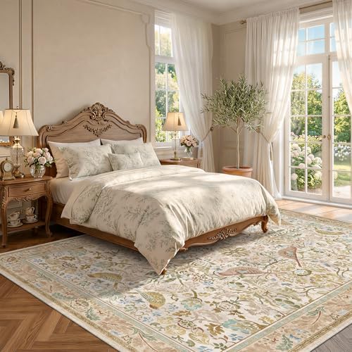 Washable Living Room Rug 8x10 - Country Style Beige Floral Area Rugs for Bedroom Under Bed, Dining Room Table Rug, Stain Resistant Non-Slip Neutral Farmhouse Décor with Light Blue and Green Accent