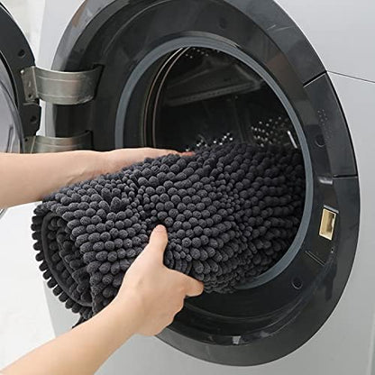 ACCUMTEK Striped Grey Bathroom Rug Mat 48"x17" Ultra Soft, Non Slip Chenille Bath Rugs, Absorbent Plush Shaggy Bath Mats for Bathroom, Bedroom, Kitchen, Shower, Tub,Dark Gray, Charcoal