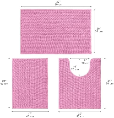 Urvoix Bathroom Rugs Sets 3 Piece, Chenille Bath Mat Set, Pink