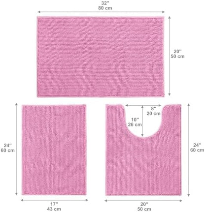 Urvoix Bathroom Rugs Sets 3 Piece, Chenille Bath Mat Set, Pink