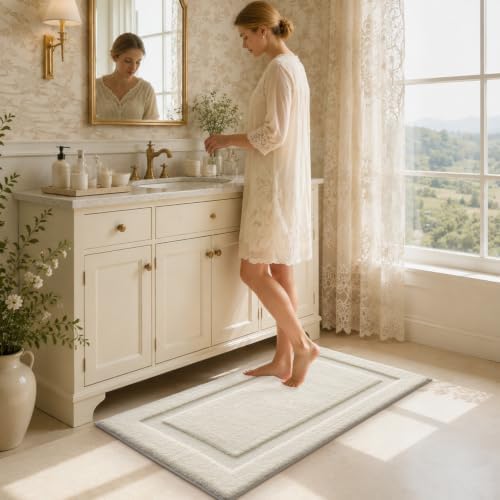 LUMI Bathroom Rugs Soft Absorbent, Non Slip Bath Mat 24x43, Ivory White