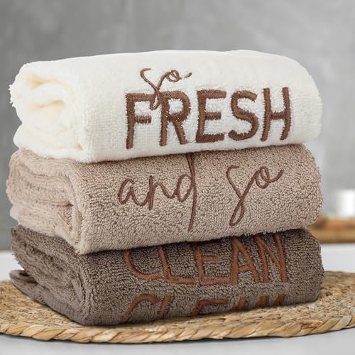 FuWeave 3 Pcs Brown Decorative Hand Towels for Bathroom,So Fresh So Clean