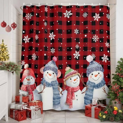 Christmas Snowman Shower Curtain Bathroom Set Red Black Buffalo Plaid Waterproof Shower Curtains with Grommets Hooks Xmas Snowflakes Privacy Bath Curtain for Bathtub Decor 48x72in