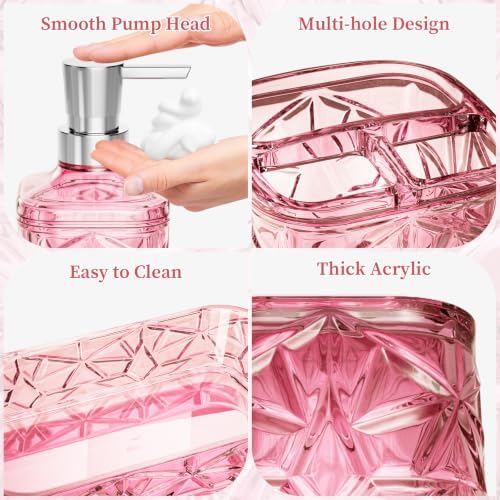 Pink Bathroom Accessories 7 Pcs, Pink Bathroom Set, Acrylic Soap Dispenser and Toothbrush Holder Set, Qtip Holder Set, Bathroom Sink Set, Gift for Home Apartment