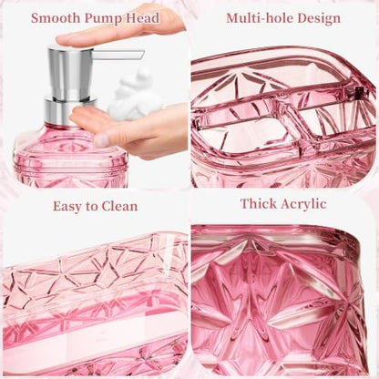 Pink Bathroom Accessories 7 Pcs, Pink Bathroom Set, Acrylic Soap Dispenser and Toothbrush Holder Set, Qtip Holder Set, Bathroom Sink Set, Gift for Home Apartment