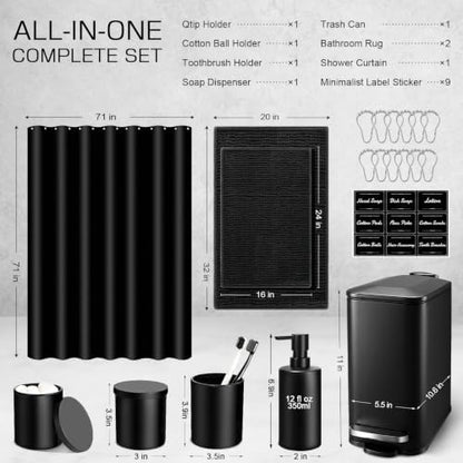 Bathroom Sets with Shower Curtain and Rugs, 8 Pcs Black Bathroom Accessories with Trash Can, Waterproof Shower Curtain, Bathroom Rugs Super Absorbent, Modern Bathroom Sets Complete Decor