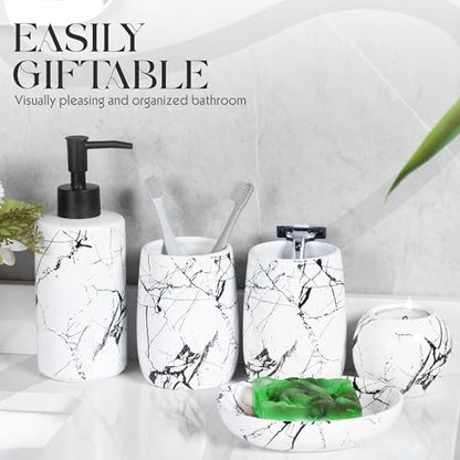 Ceramic Bathroom Accessory Set, 5-Piece Bathroom Accessory Set, Soap Dish, Toothbrush Holder, Soap Dispenser, Bathroom Tumbler & Candle Holder - Modern Bathroom Organizer, (White & Black)