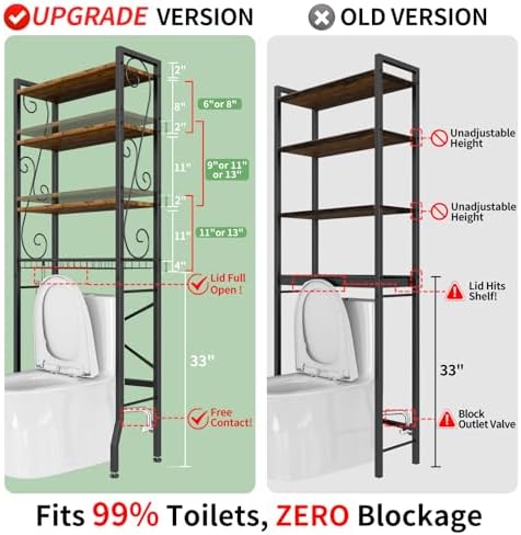 Over-The-Toilet Storage Rack 4-Tier,Bathroom Organizer Shelf Over Toilet,Adjustable Wooden Shelves and Basket,Freestanding Above Toilet Shelf,Space Saver for Rooms(Black Rack-Rustic Brown Shelves)